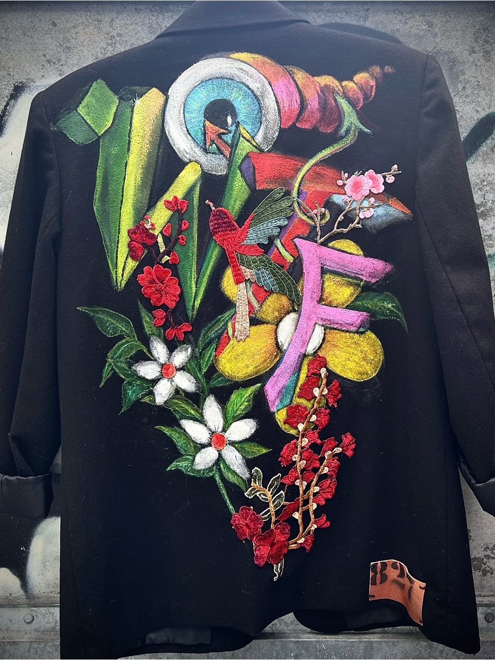 Requirements Black Embroidered Floral Blazer with Colorful Graffiti Back Art